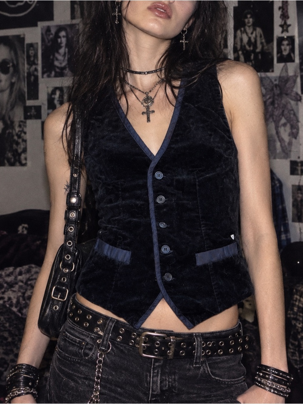 Vintage Guess Blue Velour Vest Y2K Steampunk Indie Sleaze 90s Grunge Goth